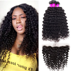 11A Deep Wave Brazilian Human Hair 3 Bundles With 13x4 Frontal - AliNybeauty