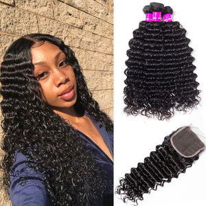 11A Deep Wave Brazilian Human Hair 3 Bundles With 4x4 Closure - AliNybeauty