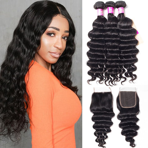 11A Loose Deep Wave Brazilian Human Hair 3 Bundles With 4x4 Closure - AliNybeauty