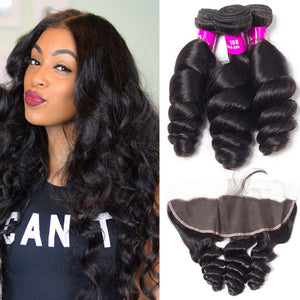 11A Loose Wave Brazilian Human Hair 3 Bundles With 13x4 Frontal - AliNybeauty