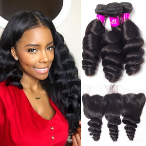 11A Loose Wave Brazilian Human Hair 3 Bundles With 13x4 Frontal - AliNybeauty