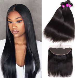 11A Straight Brazilian Human Hair 3 Bundles With 13x4 13x6 Frontal - AliNybeauty